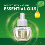 Close-up of an Air Wick refill bottle with a droplet icon and text 'Infused with natural essential oils' on green.