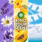 Colorful triptych panel showing floral and fresh-laundry imagery with Air Wick logo and 'Find Your Scent' text.