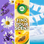 Vertical triptych of floral, fruit and laundry imagery with Air Wick logo and text Find Your Scent