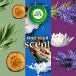 Promotional panel with Air Wick logo and imagery of wood, lavender, and water alongside the headline "find your scent."