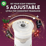Graphic showing an Air Wick plug-in top with arrow indicating five adjustable scent strength levels and cranberry and currant accents