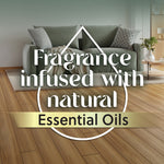 Lifestyle graphic with text "Fragrance infused with natural Essential Oils" over a living room background