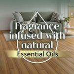 Stylized living room background with text proclaiming 'Fragrance infused with natural Essential Oils' over a droplet outline