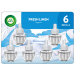 Air Wick Fresh Linen plug-in refill six-pack graphic showing six clear refill bottles on linen background
