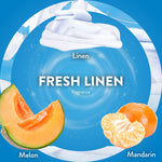Circular blue graphic reading Fresh Linen with images of melon and mandarin fruit and hanging white laundry