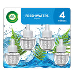 Four clear Air Wick plug-in oil refill bottles over water splash and fern graphics with 'Fresh Waters' header