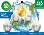'Fresh Waters' Air Wick four-pack refill packaging showing four refill bottles, water splash and essential oil droplet graphic