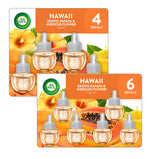 Two overlapping Air Wick Hawaii refill blister cards showing 4-refill and 6-refill packs with papaya and hibiscus imagery