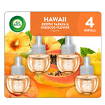 Air Wick Hawaii exotic papaya & hibiscus 4-refill blister pack with four scented oil refills and fruit floral artwork