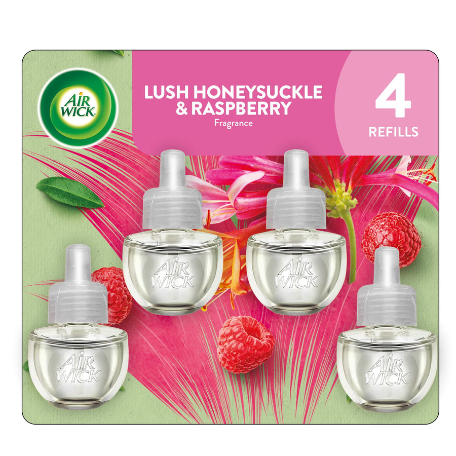 Air Wick honeysuckle & raspberry plug-in oil refill pack showing four clear refill bottles with raspberry and floral background