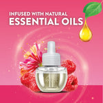 Close-up of a single Air Wick honeysuckle & raspberry refill bottle with raspberries, honeysuckle flower and 'infused with natural essential oils' text