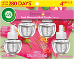 Air Wick package art for honeysuckle & raspberry scented oil refills showing four refill bottles and branding with product details