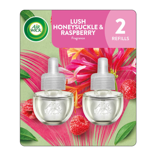 Air Wick packaged twin refill blister showing two clear honeysuckle & raspberry oil refill bottles on floral card