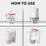 Four-panel how-to-use diagram showing removal, insertion into warmer, plug-in and dial adjustment for Air Wick refill