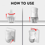 Four-panel how-to-use illustration showing removing refill, inserting into device, plugging into outlet, and adjusting settings.