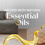 Decorative graphic with the text "Infused with Natural Essential Oils" over a neutral living room scene and pouring oil splash art