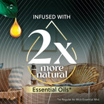 Graphic declaring ‘Infused with 2x more natural Essential Oils’ over a cozy room background