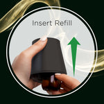Instructional image showing hands inserting a refill into an Air Wick diffuser with an upward arrow and "Insert Refill" text