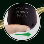 Close-up instructional graphic of a finger adjusting an Air Wick device dial with text "Choose Intensity Setting"
