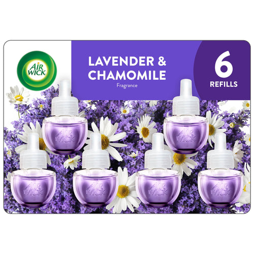 Packaged Air Wick lavender and chamomile refill bottles arranged over floral background with brand logo and '6 refills' label
