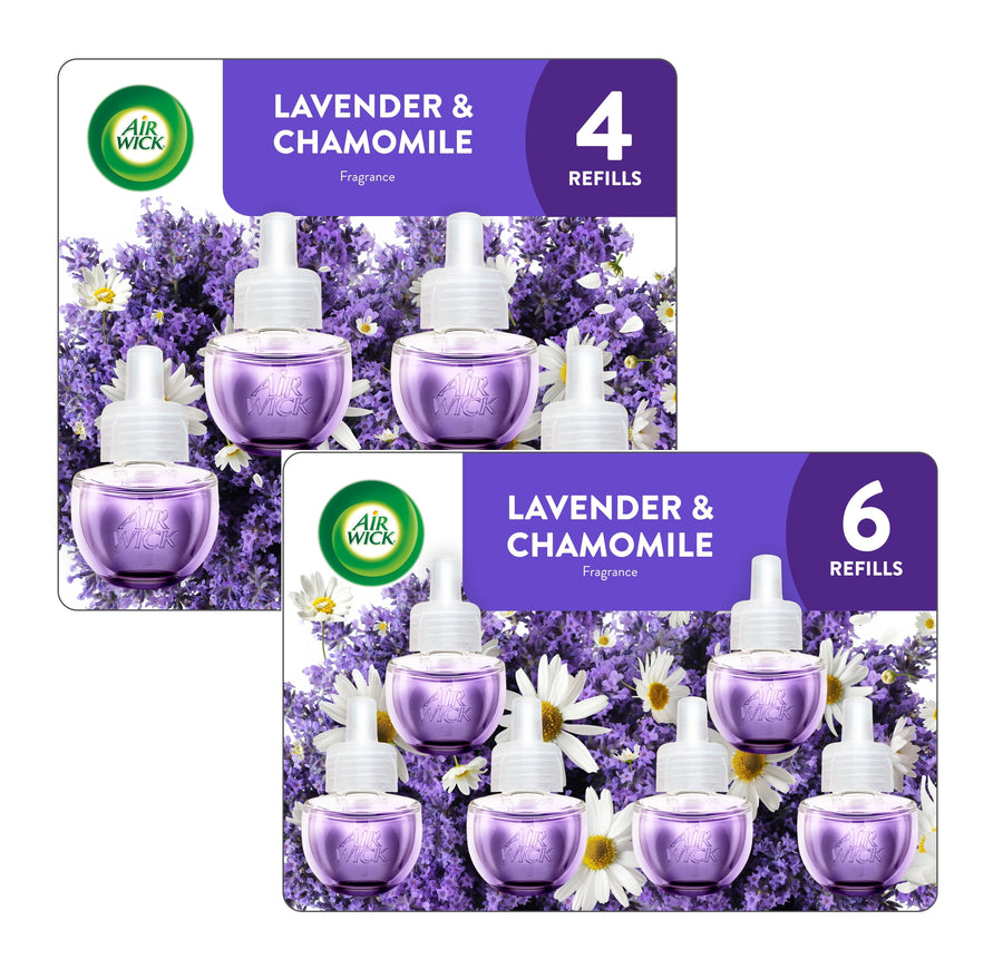 Two Air Wick Lavender & Chamomile refill blister packs shown together featuring purple oil refills over lavender and chamomile imagery.