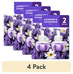 Four overlapping Air Wick lavender & chamomile refill blister packs with floral background and 4 pack label