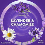 Circular label-style graphic reading Lavender & Chamomile with lavender sprig, chamomile and violet flowers on purple background