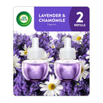 Air Wick lavender & chamomile plug-in refill twin pack on floral background with two purple oil refills visible
