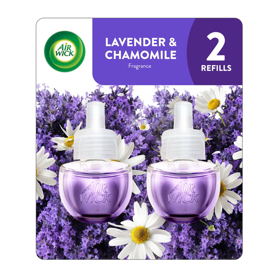 Air Wick lavender & chamomile plug-in refill twin pack on floral background with two purple oil refills visible