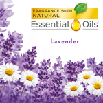 Illustration of lavender sprigs and white daisy-like flowers with a gold banner reading “Fragrance with Natural Essential Oils” and “Lavender.”