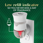 Air Wick plug-in warmer glowing red to illustrate a "low refill indicator" with headline text on a green concentric background.