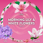 Pink circular label reading Morning Lily & White Flowers with illustrations of lilac and magnolia