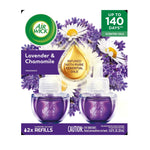 Air Wick lavender & chamomile packaged box showing two purple scented oil refills and floral imagery with brand logo