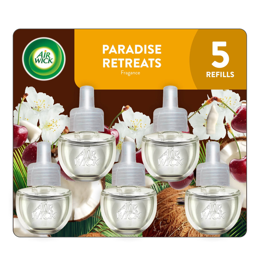 Retail blister pack showing five Air Wick scented oil refill bottles with Paradise Retreat branding and fruit and floral graphics.