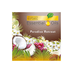 Square label artwork reading Essential Oils Paradise Retreat featuring coconut, berries and white flowers illustration.