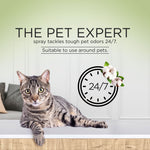 Graphic panel reading “THE PET EXPERT” with a tabby cat lounging and a 24/7 clock icon beside cotton blossoms.