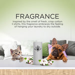 Fragrance panel showing an automatic dispenser flanked by a kitten and a French bulldog with cotton blossoms and fragrance copy.