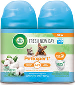 Air Wick PetExpert Fresh New Day refill twin pack with cotton imagery and Air Wick logo on front packaging.
