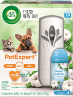 Front-facing Air Wick PetExpert Fresh New Day packaging showing dispenser, Fresh Cotton refill and pet photos on box