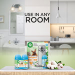Use-in-any-room lifestyle image with Air Wick PetExpert starter kit, refills and cotton decoration placed on a tabletop in front of kitchen and bathroom scenes.