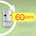 Close-up graphic of an Air Wick plug-in device with text claim 'Up to 60 days of fragrance per bottle' on green background