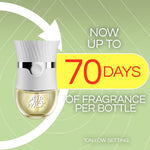 Air Wick plug-in device with text declaring up to 70 days of fragrance per bottle on a green background