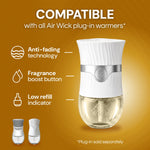 Compatibility graphic showing an Air Wick plug‑in warmer and icons for anti‑fading, fragrance boost button, and low refill indicator