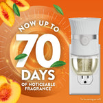 Air Wick plug-in device and refill shown next to large 'now up to 70 days' text with peach fruit accents on orange background