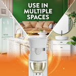 Air Wick plug-in device pictured with rooms in background and text 'Use in Multiple Spaces' on green and orange layout