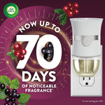 Air Wick plug-in warmer pictured in outlet next to bold text claiming now up to 70 days of noticeable fragrance with berry accents