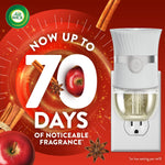 Air Wick promotional graphic with plug-in warmer and text claiming up to 70 days of noticeable fragrance, apple and cinnamon imagery