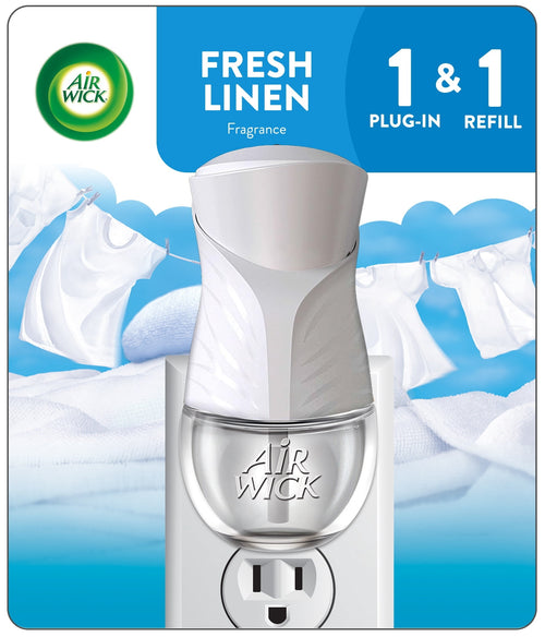 Air Wick plug-in warmer inserted in an outlet with clear oil refill and laundry-themed fresh linen background.