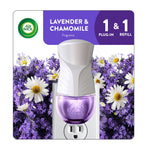 Air Wick plug-in warmer and purple refill bottle displayed over lavender and chamomile floral background