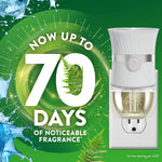 Air Wick plug-in warmer shown plugged into outlet with text 'Now up to 70 days of noticeable fragrance' on green background
